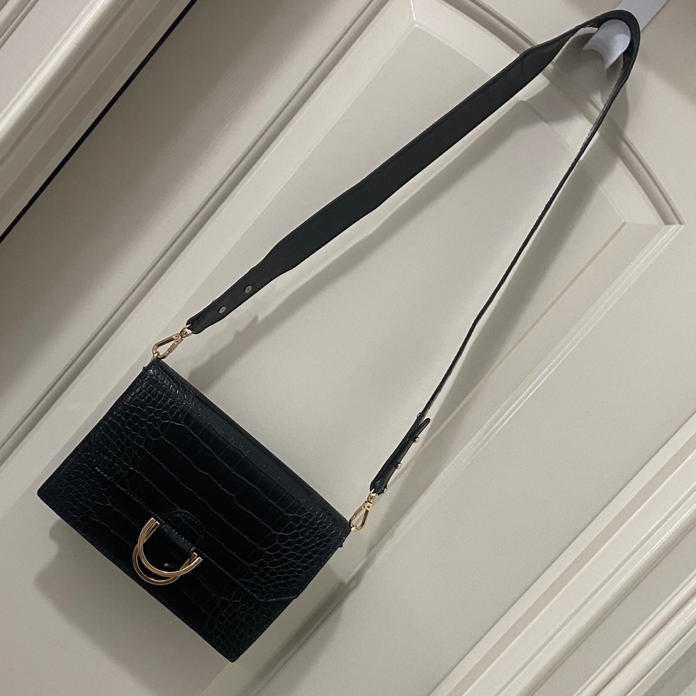 Madison West Black Croc-Embossed Shoulder Bag with Gold Hardware